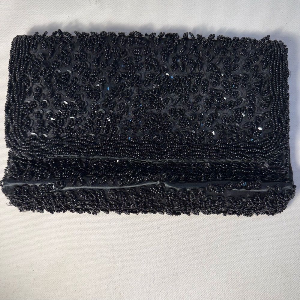 Antique sparkly black glass seed beaded evening bag satin lined purse clutch